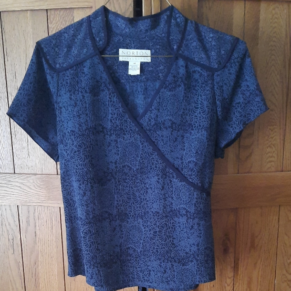 Norton McNaughton Navy Floral Wrap Blouse